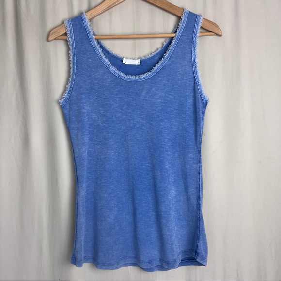 made in Italy Tops - Made in Italy Blue Cotton Tank Frayed Edge Trim Soft Stretch Minimalist Top